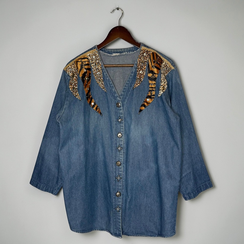 Vintage Denim Safari Western Embellished Long Lightweight Jacket Shacket Large - Picture 2 of 7